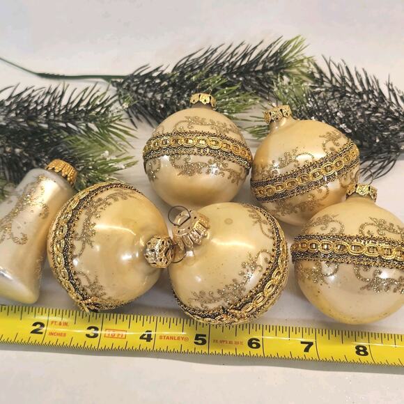 6 Vintage Gold West Germany Christmas Tree Ornaments Mercury Glass? 2.25 Glitter - Picture 7 of 7